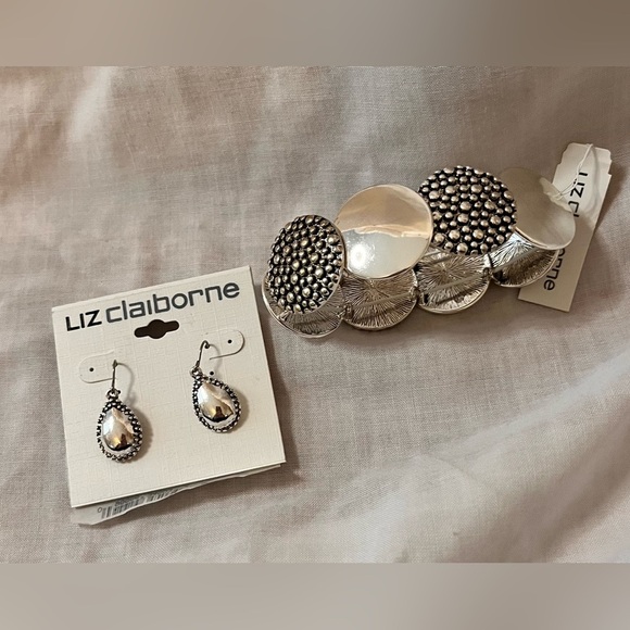 Liz Claiborne Silver Drop Earrings and Stretch Bracelet Bold Metal NWT Boho Chic - Picture 3 of 10